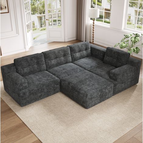 Divano modulare 5-6 posti in ciniglia grigia, forma L/U, senza montaggio, 252 x 180 x 82 cm (1/5)