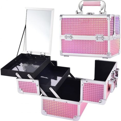 Coffret à maquillage pour filles avec miroir, trousse de toilette, organiseur de bijoux, léger, avec serrure à clé, rose
