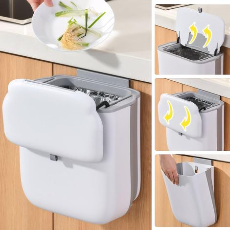 Poubelle de Cuisine Suspendue 9L, Poubelle de Porte Sous Évier Murale Pliable avec Couvercle pour Placard, Camping, Camping-Car, Salle de Bain, Chambre à Coucher, Extérieur, Blanc (1/5)