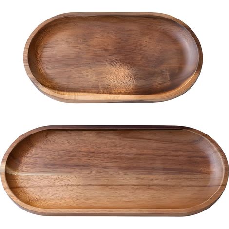 Lot de 2 Plateaux de service, Bois d'acacia, Forme ovale, Bords arrondis, Pour collations et fruits (1/5)