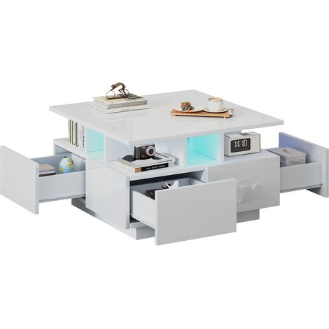 Mesa de Centro Cubo con 4 Cajones y LED con Control por App, Blanco Brillo, en Tablero de Partículas, 70×70×40 cm (1/5)