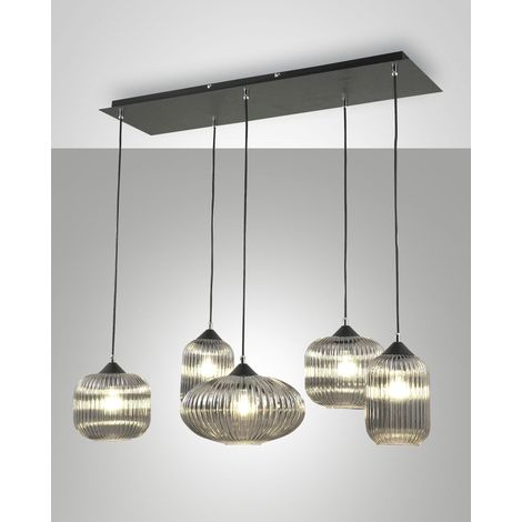 Gillis Lampada a Sospensione in Metallo e Vetro Soffiato Fumé 5x E27 40W 90x25x200cm - Design Elegante per Interni Moderni e Raffinati