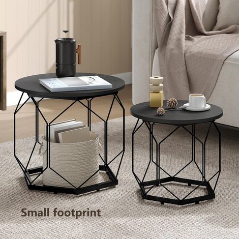 Woltu – Lot de 2 tables basses gigognes rondes – Cadre en métal noir – Plateaux en bois composite chêne noir – Dimensions 50x50x45 cm et 40x40x36 cm (1/5)