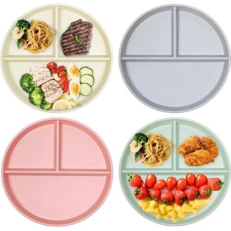 Lot de 4 Assiettes Divisées, 22.8cm Assiette Plastique Reutilisable,Plate à Compartiments Incassable pour adultes et petits enfants (1/4)