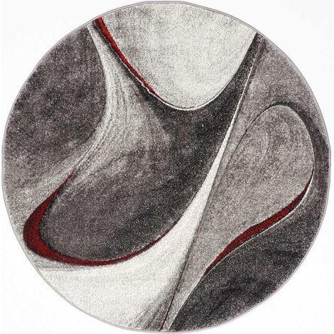 Tapis rond tissé Ø140cm rouge et gris – Motif géométrique – Poils ras en polypropylène – Anti-acariens et insensible aux UV – Unamourdetapis
