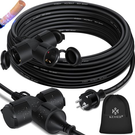 KESSER® Cavo di prolunga con cappuccio di protezione per esterni - per uso interno esterno - Cavo di prolunga - 230 V IP44 - con spina a terra  nero / 15m - con distributore