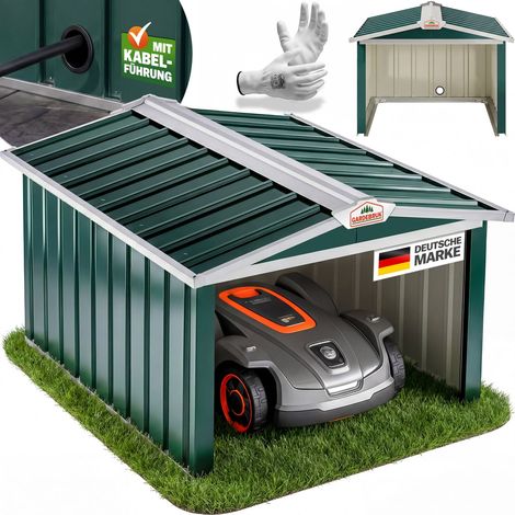 Garage robot tondeuse métal résistant intempéries 4 piquets de terre herbe tonte Toit à 2 pentes vert
