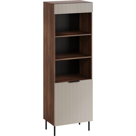 Bibliothèque Agri, étagère à compartiments ouverts et porte, design moderne et minimaliste, 185 x 42 x 60 cm, noyer et beige (1/5)