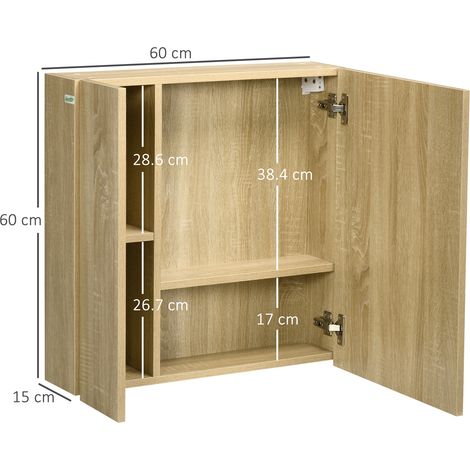 Meuble de salle de bain avec miroir et 4 étagères intérieures. En aggloméré, 60 x 15 x 60 cm, aspect bois. (1/5)