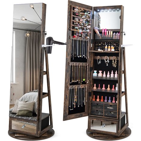 Lockable 360° Swivel Jewelry Cabinet with Full-Length Mirror LED Lights-Rustic Brown (1/5)