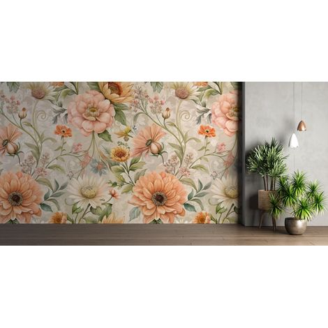 Papier peint fleuri - motif vintage de pivoines saumon - 150 x 250 cm (1/2)