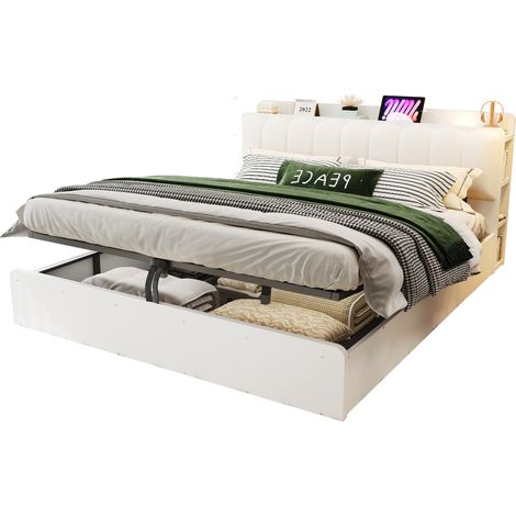 Cama Doble con Arcón 180 x 200 cm, Elevación Hidráulica, USB y Luz Nocturna, sin Colchón, Blanca (1/5)