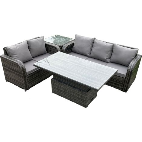 Fimous Extérieur en rotin ensemble salon de jardin hauteur réglable table de levage canapé décontracté ensemble avec table d'appoint gris foncé mix (1/5)