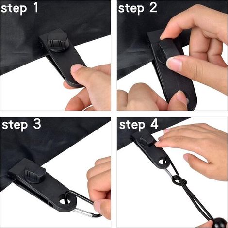 Abrazaderas para lonas，Abrazadera para tiendas de campaña，10 piezas，Con 10 tensores elásticos y mosquetones en forma de D，Negro (1/4)