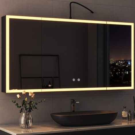 Großer Spiegelschrank Bad mit Beleuchtung 120x60 cm, Spiegelschrank Schwarz mit Beleuchtung Badezimmerschrank Bad-Hängeschränke mit 3 Einstellbare Lichtfarben, Beschlagfrei (1/5)