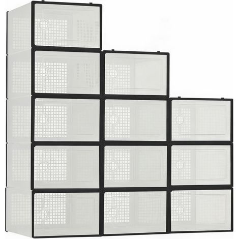 Gain de place et organisation – Boîte de rangement à chaussures empilable – Plastique transparent, pliable, ventilation – Pour placard, chambre, entrée, sous le lit – Lot de 12 pièces noir (1/5)