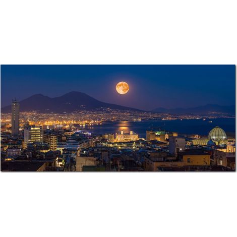 Lupia - Quadro moderno su Tela Canvas DEEP 65X143 cm, con paesaggi e localismi italiani, per casa, soggiorno, capezzale camera da letto, hotel, ufficio, NAPOLI - VESUVIO LUNA NOTTE (1/4)
