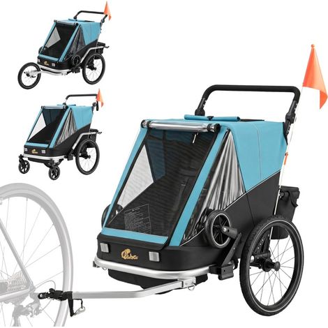 2-in-1 Kinderfahrradanhänger für 2 Kinder, klappbar, verstellbare Rückenlehne, Blau (1/5)