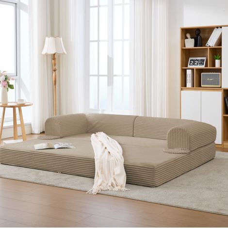 Sofá cama 2 plazas en cordón beige, convertible, sofá de suelo compacto OKWISH (1/5)