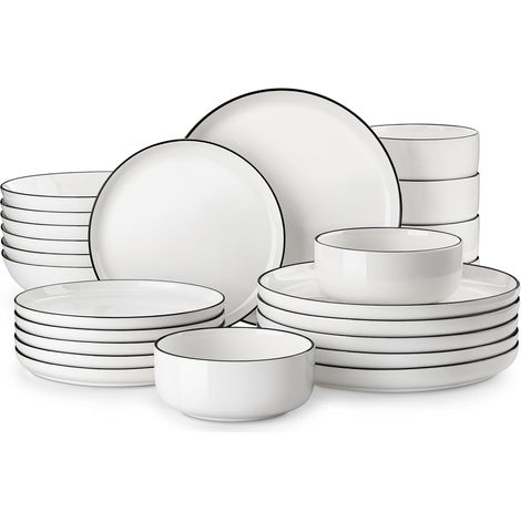 Série LUNA Service de Vaisselle Rond Porcelaine Assiettes Plates Salade Creuses Bols Service de Table Blanche Bord Noir (1/5)