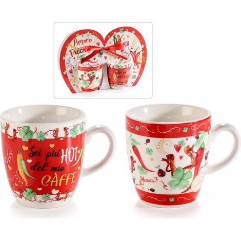 Confezione regalo con 2 tazzine in porcellana e decori portafortuna, set da 8 pezzi, Tazzina: Ø 5,5 cm x 6 H