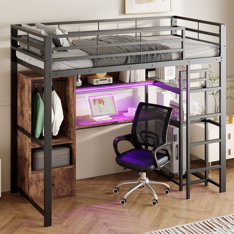 Lit mezzanine 90 x 200 cm en MDF noir avec LED, bureau et rangements pratiques (1/5)