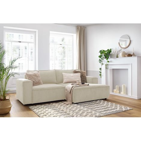 Bobochic – Canapé d'angle fixe compact 3 places – Velours côtelé beige – Longueur 240 cm – Largeur 148 cm – Confort moelleux – Style vintage (1/5)