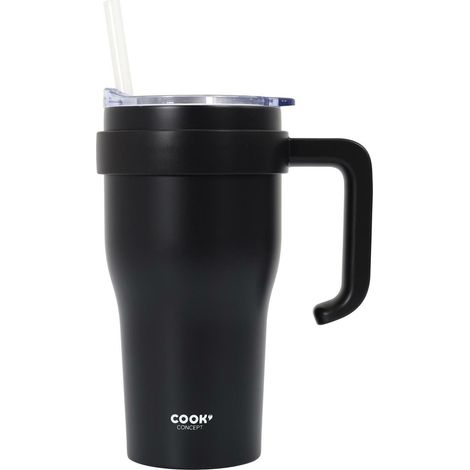 Mug isotherme noir Miami 600 ml avec anse et paille (1/5)