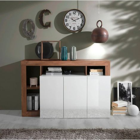 Buffet HAMBURG 3 portes – Blanc laqué brillant / Bois Mercure (1/3)