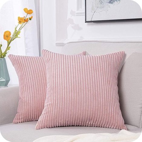 Juego de 2 cojines cuadrados de pana a rayas para sofá o dormitorio, cojines grandes y mullidos de 45x45 cm, color rosa. (1/5)
