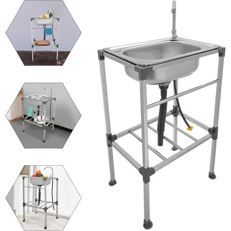 Fregadero portátil, fregadero de cocina de acero inoxidable, lavabo multifuncional, fregadero independiente, para uso en interiores y exteriores, garajes, barbacoas de jardín, etc. 48 x 35 x 83 cm