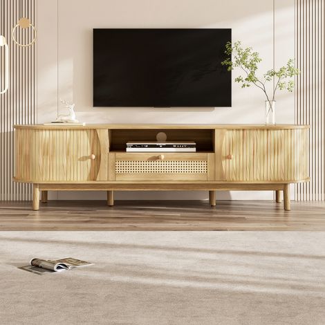 Meuble TV rotin avec portes et tiroirs, bois massif, rangement style champêtre, meuble bas