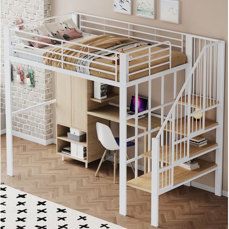 Bett Hochbett modern 140x200 cm aus Metall und Holz in Weiss, mit Treppe und grossem Stauraum unter dem Bett (1/5)