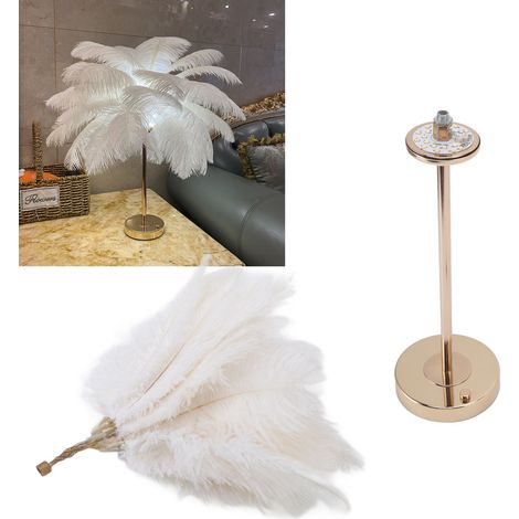 Lampe de table à plumes d'autruche, interrupteur tactile, alimentation USB, 3 couleurs de lumière, base en métal doré, 30 plumes (1/5)