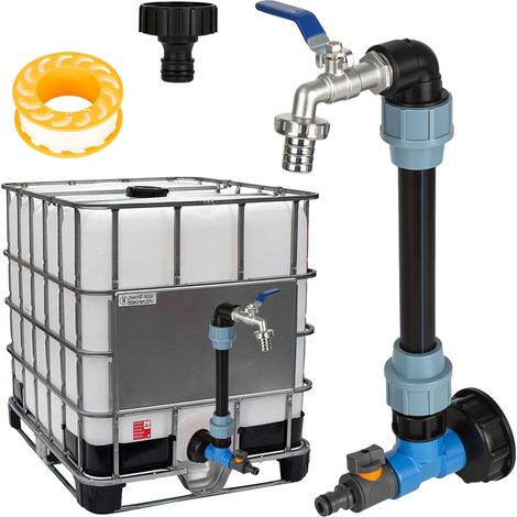 Kit de double robinet à col de cygne 3/4", robinet d'écoulement 2 en 1 avec robinet à col de cygne, robinet à boisseau sphérique 3/4" pour réservoir d'eau de pluie 1000 l, accessoire de (1/5)