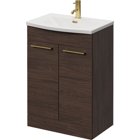 Napoli 390 Brown Oak 600mm 2 Door Vanity Unit with Arc Basin - 600mm - Brushed Brass 160mm Handle