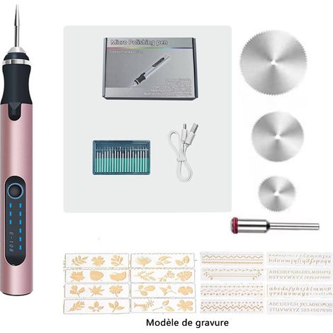 Stylo de gravure électrique sans fil avec gabarit de gravure et ensemble de disques de coupe, mini outil de gravure professionnel rechargeable par USB pour bijoux, bois, métal, pierre, plastique, arge (1/5)