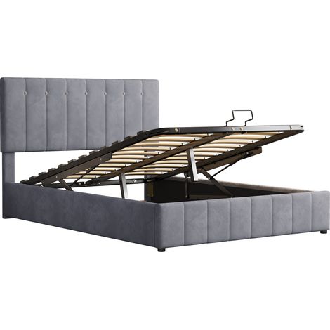 Polsterbett 140x200 cm Grau mit hydraulischem Stauraum, gepolstertem Kopfteil und Metallrost (1/5)