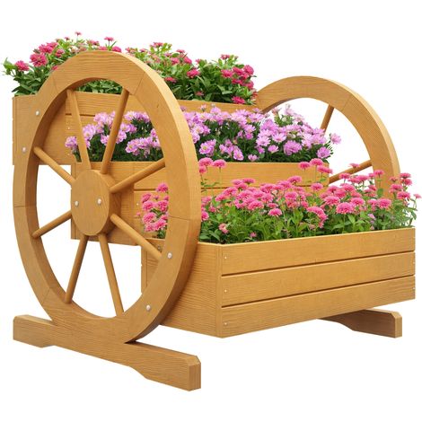 Jardiniere surelevee 3 etages decor roue de charette bois naturel