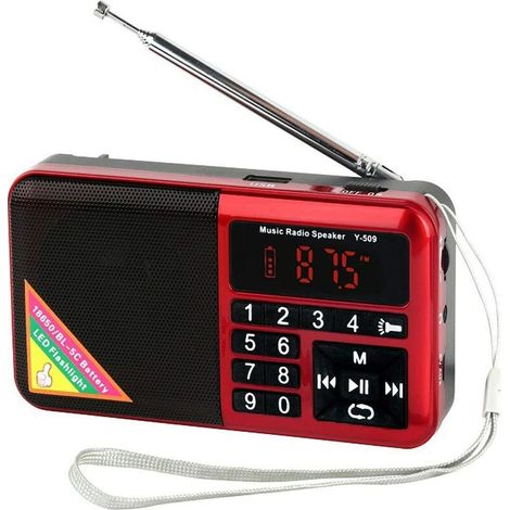 Mini radio FM portatile USB Micro-SD e lettore MP3 integrato, torcia LED, ricaricabile 1500 mAh (rosso) (1/3)