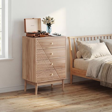 Mobile contenitore a 4 cassetti in rovere chiaro - Cassettiera scandinava con pannelli testurizzati e piedi in legno massello - Comò moderno per soggiorno, camera e ingresso - 60x40x90 cm