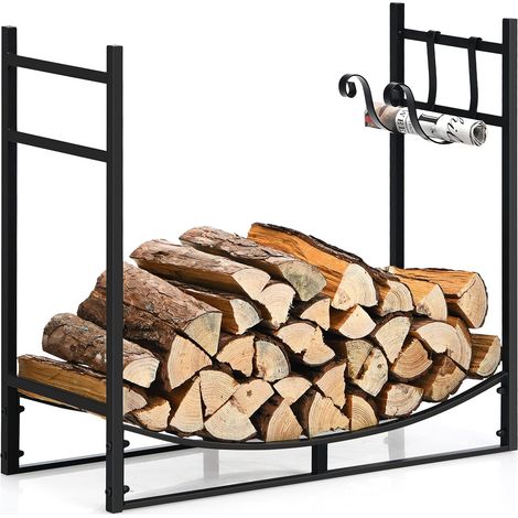 COSTWAY Leñero 84 x 33 x 76 cm Soporte para Leña Portaleña de Diseño Vintage, Organizador de Leña de 76 cm con Soportes y Pala, Atizador, Pinzas, Cepillo