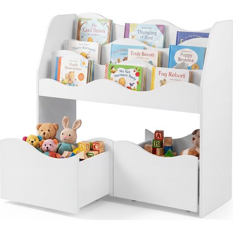 Bibliothèque Enfant Montessori, Meuble de Rangement Jouets Livres en Bois avec 3 Étagères, 2 Tiroirs Mobiles à Roulettes, 82 x 30 x 76 cm, Blanc (1/5)