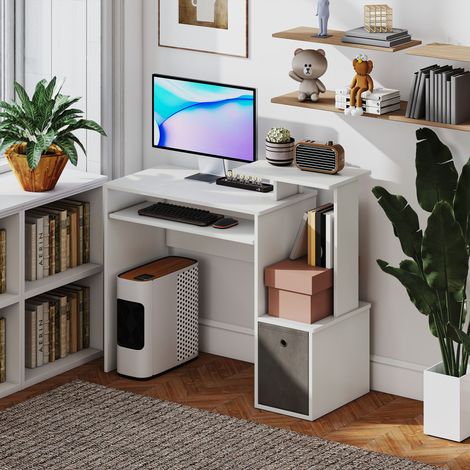 Moderner PC-Schreibtisch mit Tastaturablage, Stoffablage und Schublade, Holz, 100 x 40 x 86,6 cm, Weiß