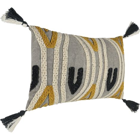 EGLO LIVING Kissen Chevery, Couch Zierkissen Industrial Vintage, Dekokissen handgefertigt aus Baumwolle und Polyester in Grau, Creme und Gelb, Kissenbezug mit Inlett, Sofakissen 60x35 cm (1/4)