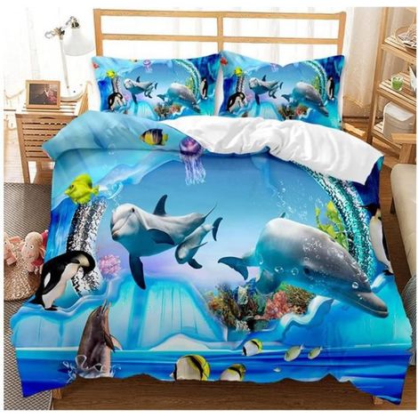 3D mer Animaux literie Set,Dauphin,Poisson Tropical,Corail,Vie Marine Housse de Couette,Bleu Monde sous-Marin,A,200x200cm - WDK (1/3)