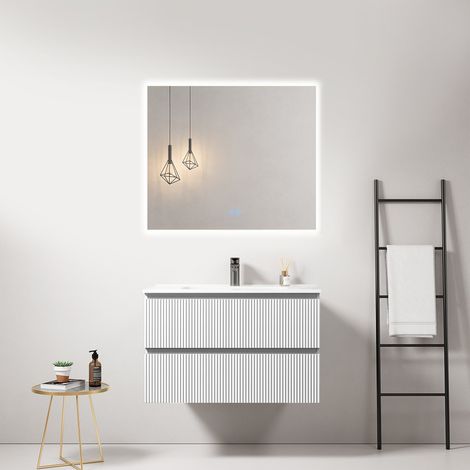 Mobile bagno sospeso cannettato 80 cm Bianco Lavabo in Ceramica Specchio Quadro Retroilluminato - Fiji Paint (1/4)