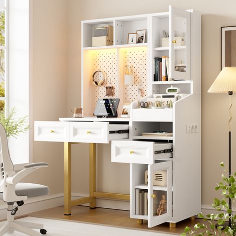 Coiffeuse avec éclairage LED organisateur à panneau perforé avec 5 crochets 2 prises 1 port USB et 1 port Type C vitrine en verre 3 tiroirs étagères ouvertes et compartiment d armoire dimensions L100  (1/5)