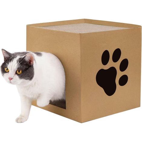 Griffoir en carton pour chat, maison en carton avec griffoir intégré, cachette pour chatons, lapins et petits animaux. (1/5)