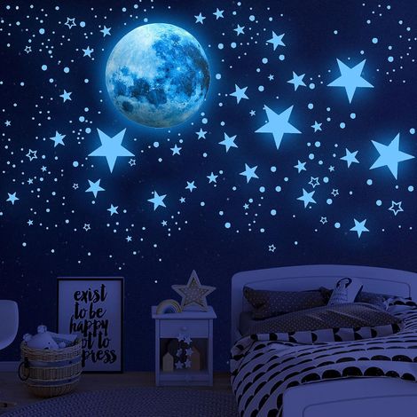 50 pegatinas de estrellas y lunas que brillan en la oscuridad, decoración de pared, habitación infantil, sala de estar. (1/5)
